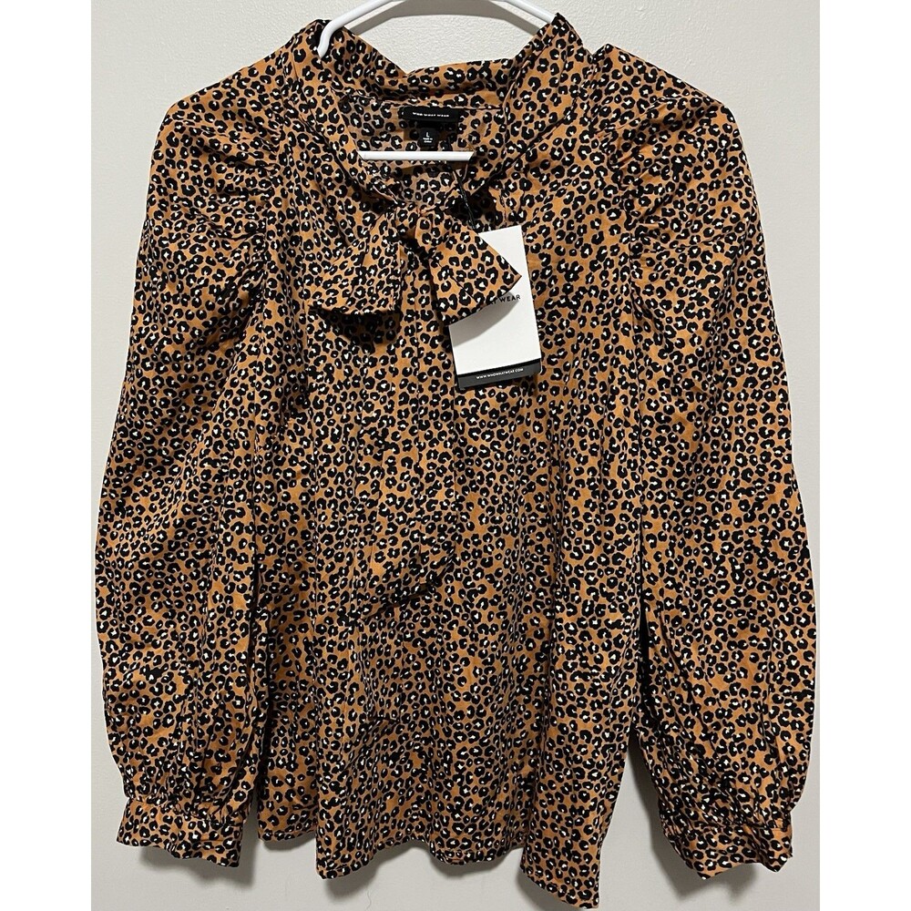 Womens WHO WHAT WEAR Leopard Print Balloon Long Sleeve Bow Blouse Sz L